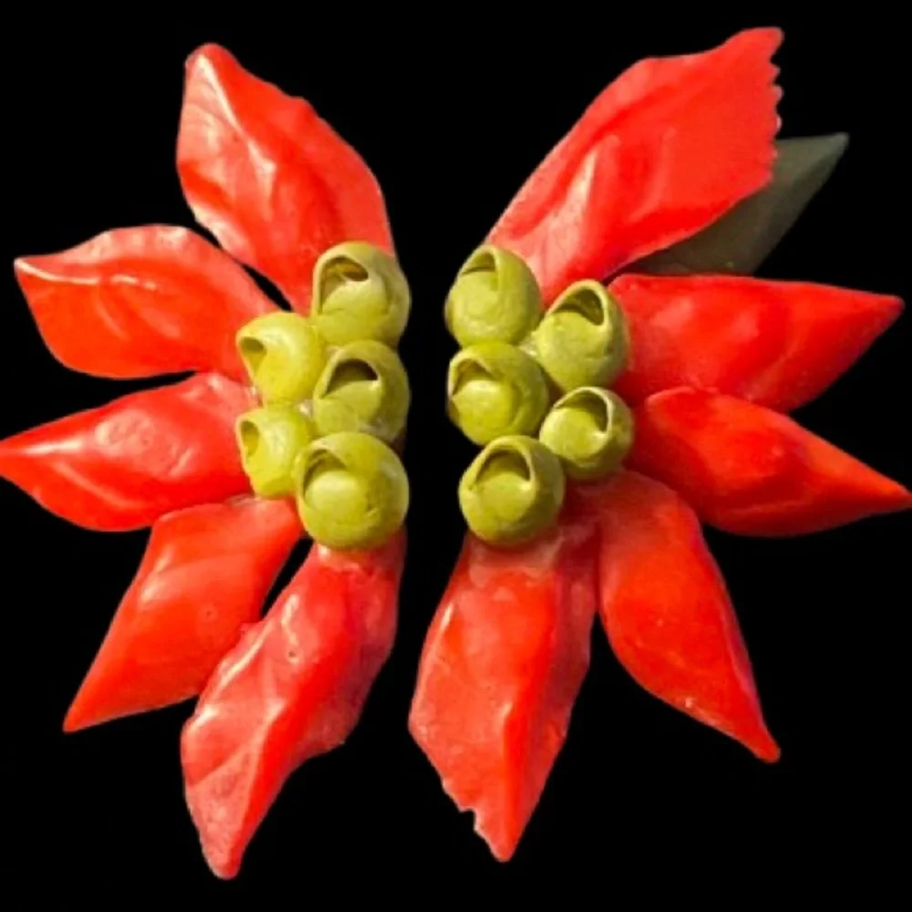 Vintage Hand Made Christmas Poinsettia Flower Brooch Matching Screw Back Earring